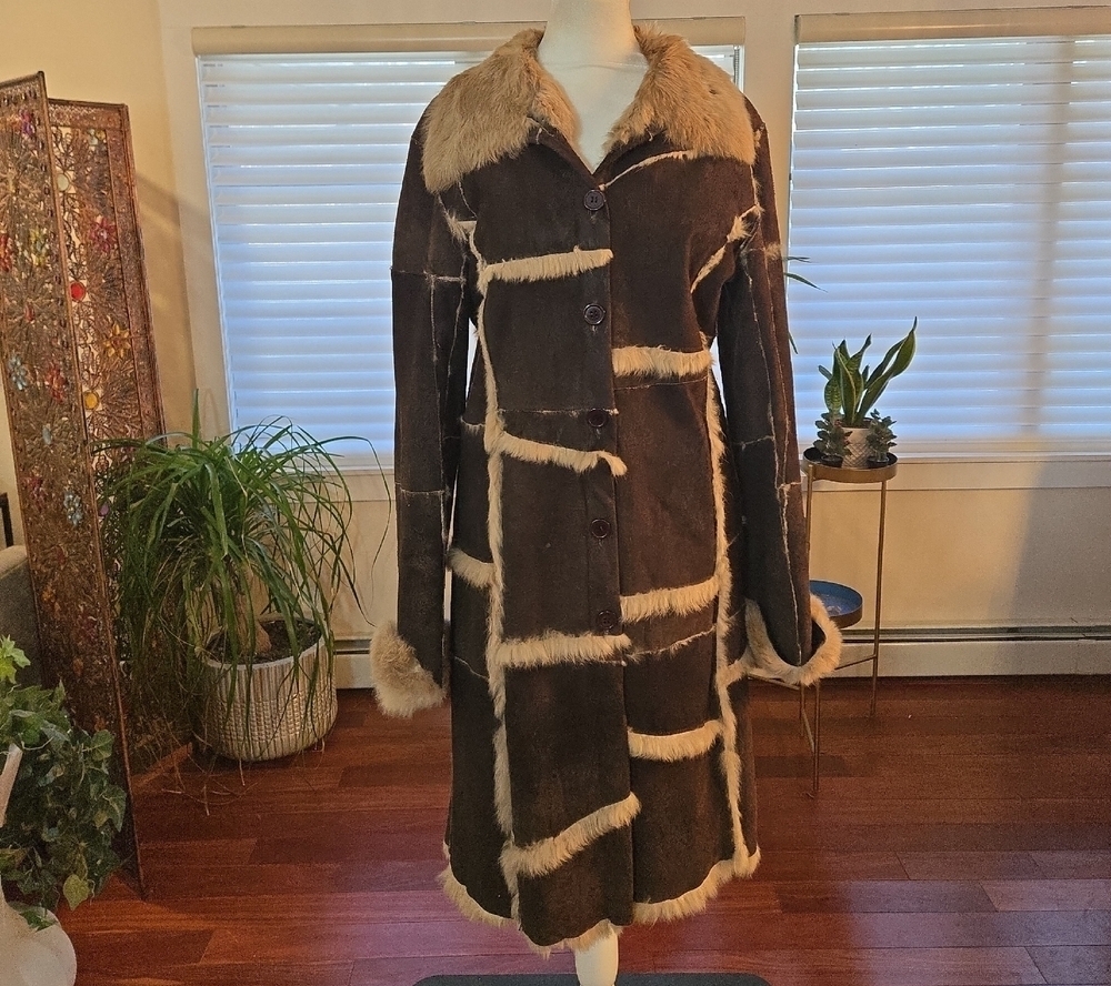 VTG Guess Shearling Patchwork Chocolate Brown Suede Rabbit Fur Lined Coat Medium